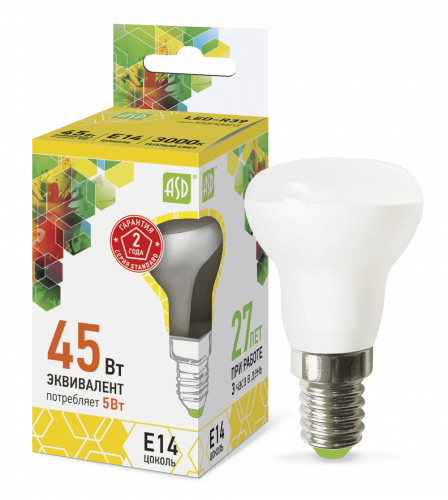 Лампа светодиодная LED-R39-standard 5Вт 230В Е14 3000К 450Лм ASD (4690612006697)