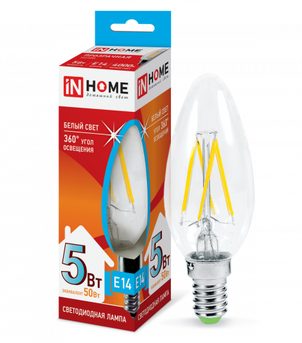 Лампа светодиодная LED-СВЕЧА-deco 5Вт 230В Е14 4000К 450Лм прозрачная IN HOME (4690612007571)