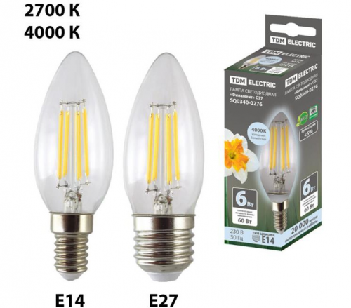 Лампа светодиодная "Филамент" С37-6 Вт-230 В-2700 К–E27 TDM