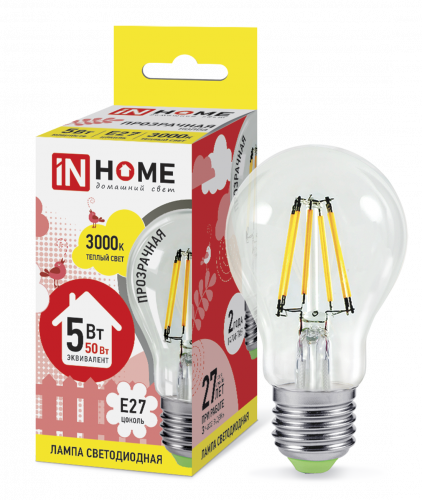 Лампа светодиодная LED-A60-deco 5Вт 230В Е27 3000К 450Лм прозрачная IN HOME (4690612008028)
