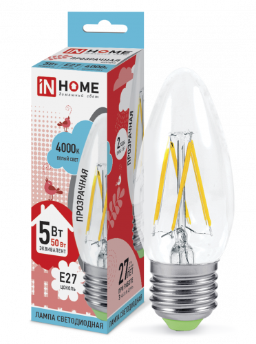 Лампа светодиодная LED-СВЕЧА-deco 5Вт 230В Е27 4000К 450Лм прозрачная IN HOME (4690612007595)