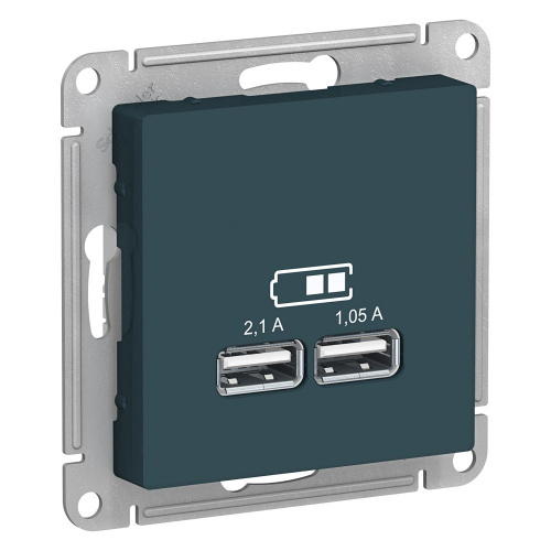 Systeme (Schneider) Electric ATLASDESIGN USB РОЗЕТКА, 5В, 1 порт x 2,1 А, 2 порта х 1,05 А, механизм, ИЗУМРУД ATN000833