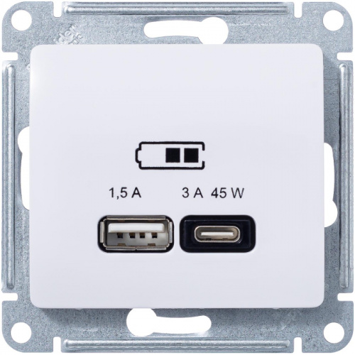 Systeme Electric GLOSSA USB РОЗЕТКА A + тип-C 45W высокоскоростная зарядка QC, PD, механизм, БЕЛЫЙ GSL000129