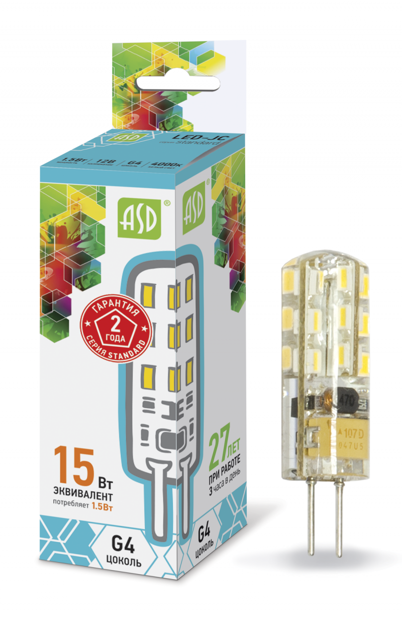 Лампа светодиодная LED-JC-standard 1.5Вт 12В G4 4000К 135Лм ASD (4690612003290)