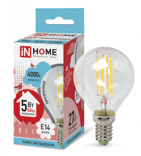 Лампа светодиодная LED-ШАР-deco 5Вт 230В Е14 4000К 450Лм прозрачная IN HOME (4690612007694)