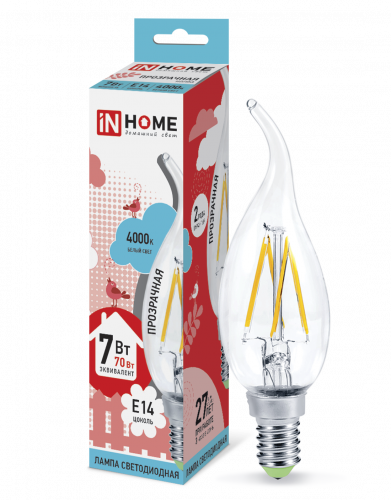 Лампа светодиодная LED-СВЕЧА НА ВЕТРУ-deco 7Вт 230В Е14 4000К 630Лм прозрачная IN HOME (4690612007670)