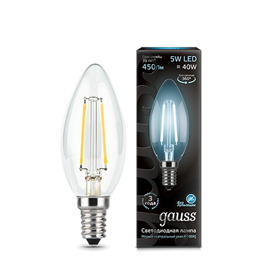 Лампа Gauss LED Filament Свеча E14 5W 450lm 4100К 1/10/50