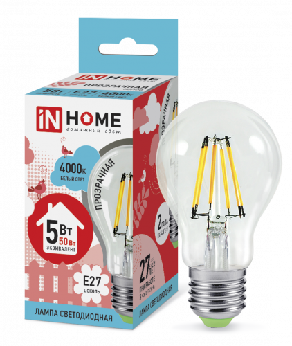 Лампа светодиодная LED-A60-deco 5Вт 230В Е27 4000К 450Лм прозрачная IN HOME (4690612008035)