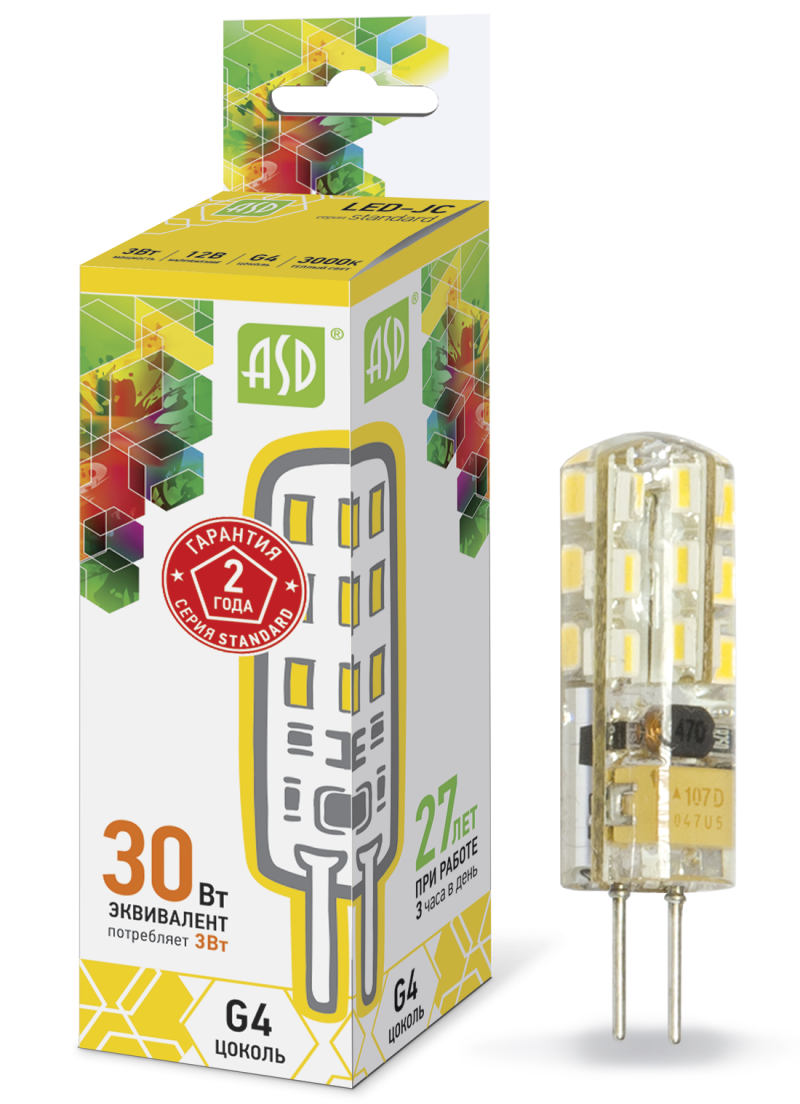 Лампа светодиодная LED-JC-standard 3Вт 12В G4 3000К 270Лм ASD (4690612004624)