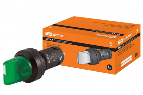Переключатель на  3 положения с фиксацией SB7-CK3365-220V короткая ручка(LED) d22мм 1з+1р зеленый TD