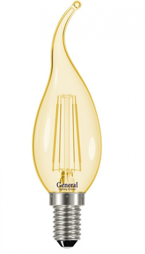 GENERAL лампа светодиодная прозрачный филамент свеча на ветру GLDEN-CWS-7-230-E14-4500 золотое стекло (649930)