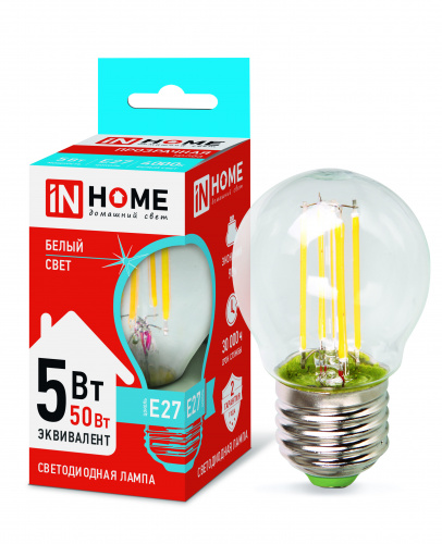 Лампа светодиодная LED-ШАР-deco 5Вт 230В Е27 4000К 450Лм прозрачная IN HOME (4690612007717)