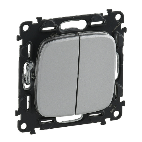 Legrand Valena ALLURE. Выключатель двухклавишный 10А 250В, с лицевой панелью, безвинтовые зажимы. Алюминий