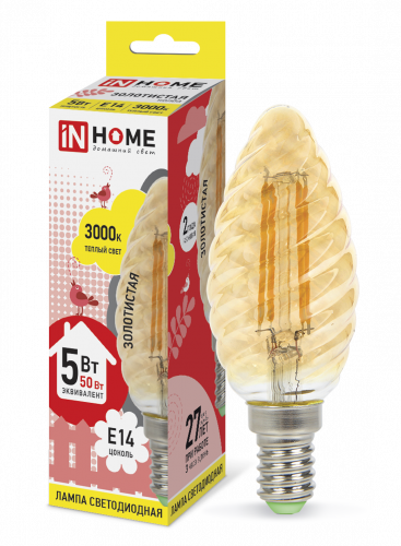 Лампа светодиодная LED-СВЕЧА ВИТАЯ-deco 5Вт 230В Е14 3000К 450Лм золотистая IN HOME (4690612007199)
