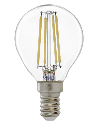 GENERAL лампа светодиодная прозрачный филамент шар GLDEN-G45S-8-230-E14-6500 (649979)