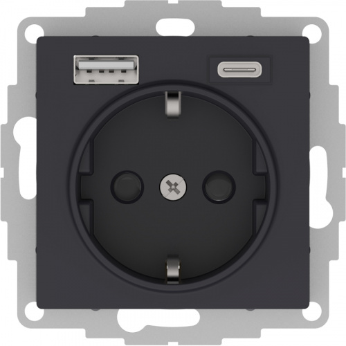 Systeme (Schneider) Electric ATLASDESIGN РОЗЕТКА с заземлением 16А с 2 USB A+C, 5В/2,4А/3,0А, 2х5В/1,5А, механизм, КАРБОН ATN001032