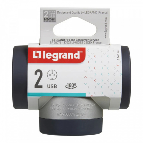 Legrand Тройник с поворотным основанием и 2xUSB A+C (3А) зарядками серии "Комфорт" 2 х 2К+З, цвет: алюминиево-черный