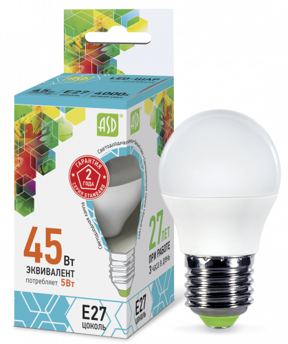 Лампа светодиодная LED-ШАР-standard 5Вт 230В Е27 3000К 450Лм ASD (4690612002163)