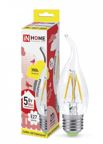 Лампа светодиодная LED-СВЕЧА НА ВЕТРУ-deco 5Вт 230В Е27 3000К 450Лм прозрачная IN HOME (4690612007649)