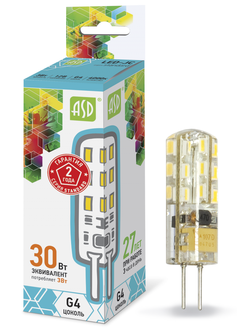 Лампа светодиодная LED-JC-standard 3Вт 12В G4 4000К 270Лм ASD (4690612004648)