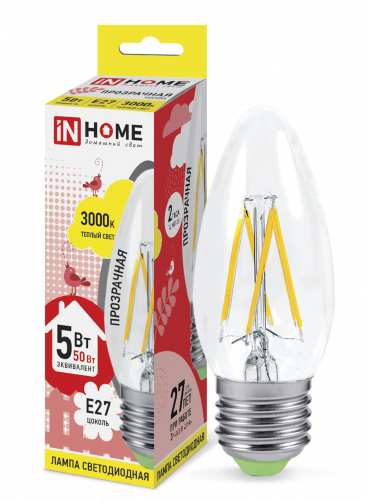 Лампа светодиодная LED-СВЕЧА-deco 5Вт 230В Е27 3000К 450Лм прозрачная IN HOME (4690612007588)