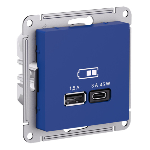 Systeme (Schneider) Electric ATLASDESIGN USB РОЗЕТКА A + тип-C 45Вт высокоскор.заряд. QC,PD, механизм, АКВАМАРИН ATN001129
