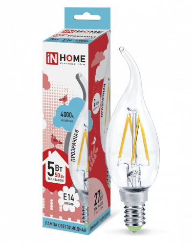 Лампа светодиодная LED-СВЕЧА НА ВЕТРУ-deco 5Вт 230В Е14 4000К 450Лм прозрачная IN HOME (4690612007632)