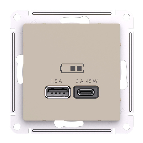 Systeme (Schneider) Electric ATLASDESIGN USB РОЗЕТКА A + тип-C 45Вт высокоскор.заряд. QC,PD, механизм, ПЕСОЧНЫЙ ATN001229
