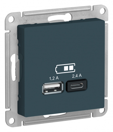 Systeme (Schneider) Electric ATLASDESIGN USB РОЗЕТКА A+С, 5В/2,4 А, 2х5В/1,2 А, механизм, ИЗУМРУД (ATN000839)