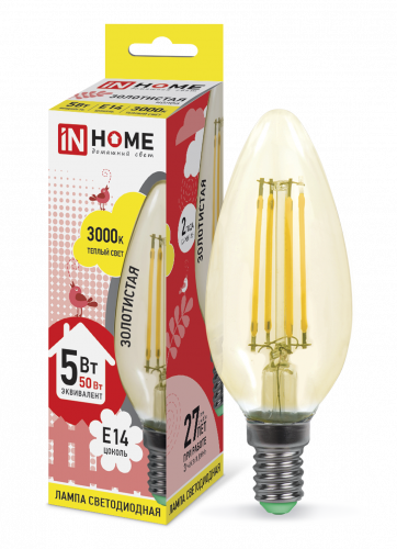 Лампа светодиодная LED-СВЕЧА-deco 5Вт 230В Е14 3000К 450Лм золотистая IN HOME (4690612007182)