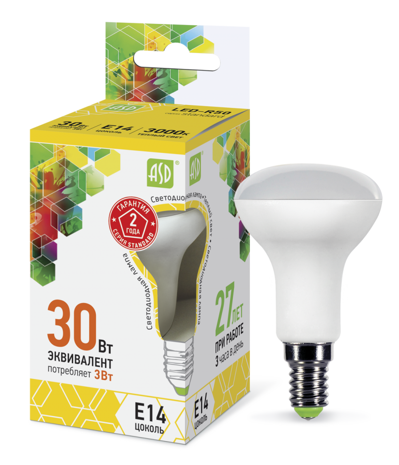 Лампа светодиодная LED-R50-standard 3Вт 230В Е14 3000К 270Лм ASD (4690612001494)