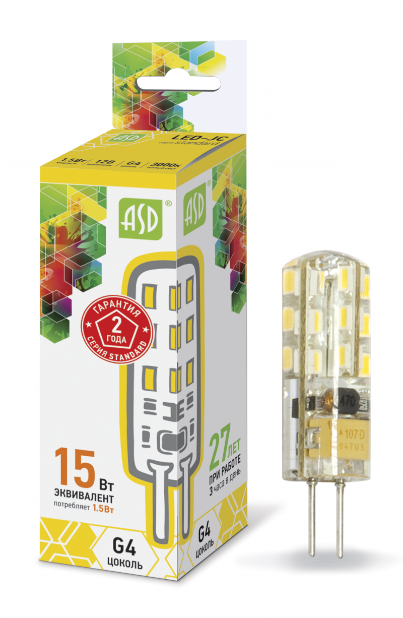 Лампа светодиодная LED-JC-standard 1.5Вт 12В G4 3000К 135Лм ASD (4690612003757)