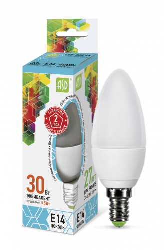 Лампа светодиодная LED-СВЕЧА-standard 3.5Вт 230В Е14 3000К 320Лм ASD (4690612000381)
