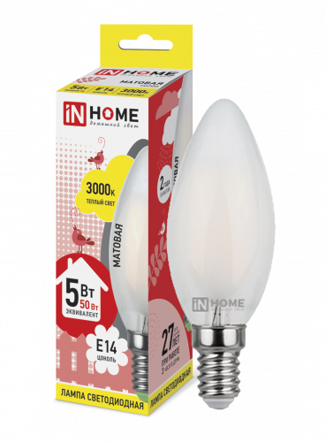 Лампа светодиодная LED-СВЕЧА-deco 5Вт 230В Е14 3000К 450Лм матовая IN HOME (4690612006826)