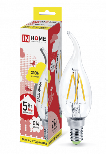 Лампа светодиодная LED-СВЕЧА НА ВЕТРУ-deco 5Вт 230В Е14 3000К 450Лм прозрачная IN HOME (4690612007625)