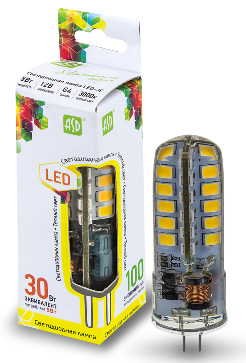 Лампа светодиодная LED-JC-standard 5Вт 12В G4 3000К 450Лм ASD (4690612004655)