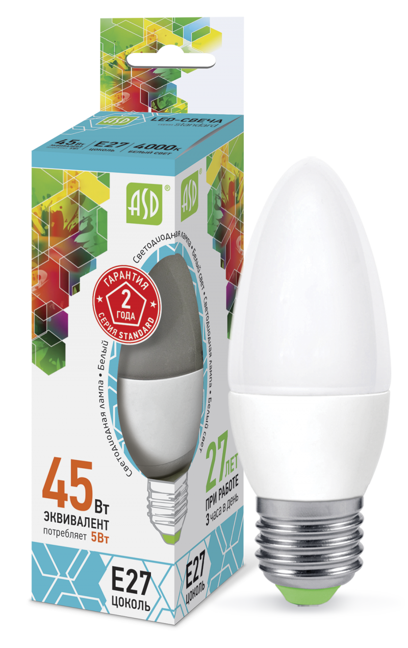 Лампа светодиодная LED-СВЕЧА-standard 5Вт 230В Е27 4000К 450Лм ASD (4690612003917)